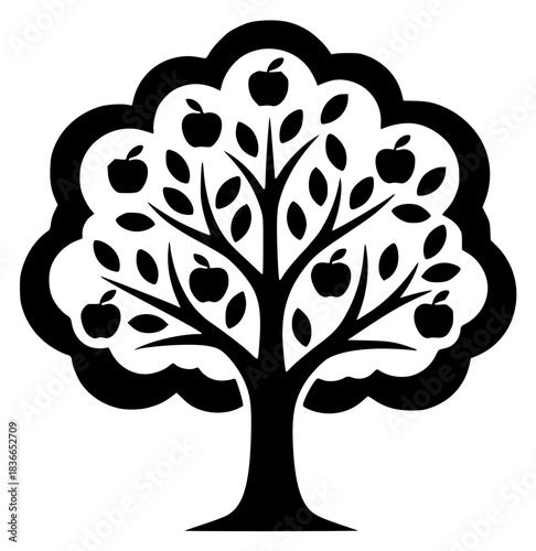 A black and white silhouette of a tree with apples and leaves, apple, apple tree, black, heart, illustration, profile, tree, against transparent background