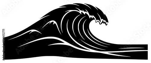 A black and white silhouette of a large wave, black, illustration, image, logo, profile, sea, wave, against transparent background