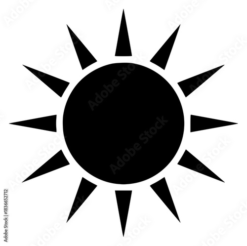 A black and white silhouette of a sun symbol, black, flat, icon, illustration, sun, against transparent background