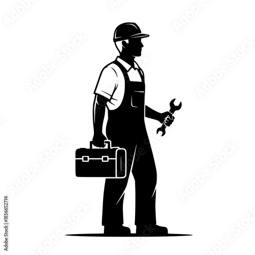 worker, construction worker, tool belt, hard hat, silhouette, black and white, minimalist, simple illustration
