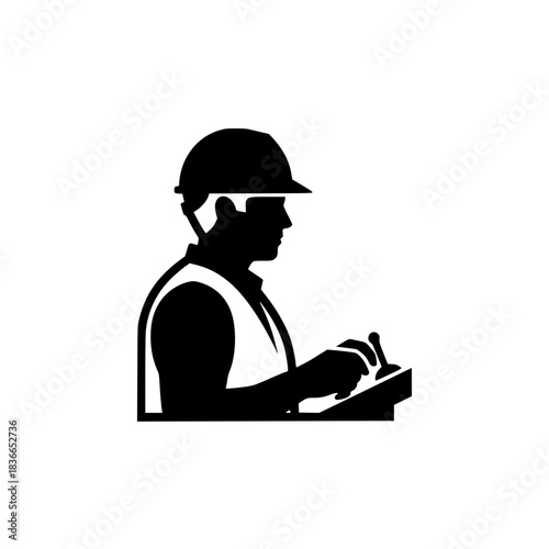 silhouette of a person wearing a hardhat, holding a clipboard, high contrast black and white, minimal, simple, clean, digital illustration
