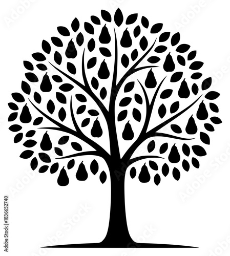 A black and white silhouette of a tree with leaves and pears, black, illustration, partridge, profile, tree, against transparent background