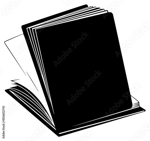 A black and white illustration of an open book, black, blanket, book, folder, hardback book, illustration, open, paperback book, stack, against transparent background