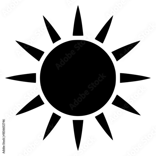 A black and white silhouette of a sun symbol, black, flat, icon, illustration, sun, against transparent background