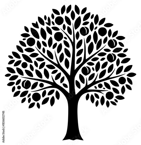 A black and white silhouette of a tree with leaves and people silhouettes, black, illustration, profile, tree, against transparent background