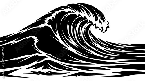 A black and white illustration of a large wave, black, curl, illustration, image, profile, sea, wave, white, against transparent background