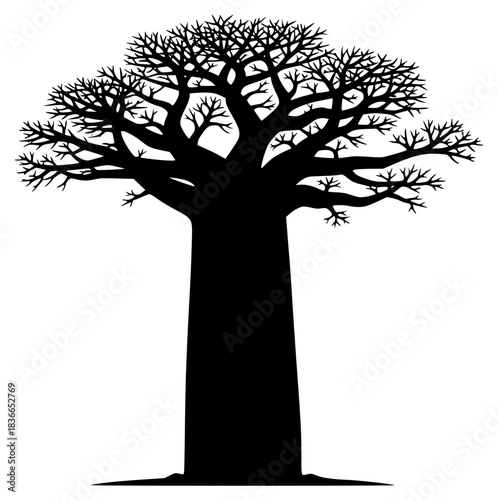 A silhouette of a bao tree with no leaves, set against a plain , black, illustration, profile, tower, tree, against transparent background