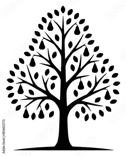 A black and white silhouette of a tree with no leaves and no fruit on it, black, illustration, partridge, profile, tree, against transparent background