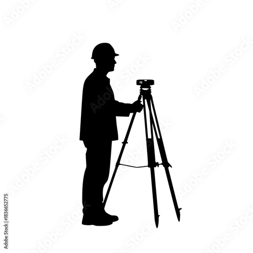 A silhouette of a surveyor using a surveying device, camera, man, photo, photographer, profile, sky, stand, telescope, tripod, video camera, against transparent background