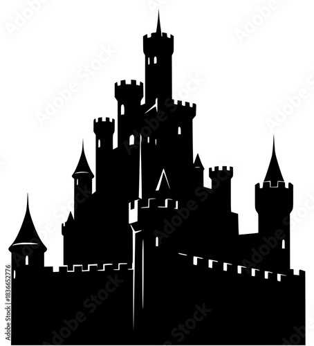 A black and white silhouette of a castle, black, castle, fort, icon, illustration, medieval, profile, tower, against transparent background