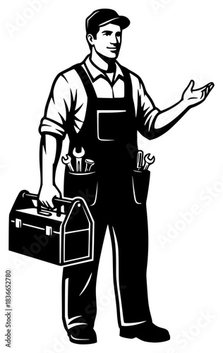 detailed, high-resolution, black and white, mechanical engineer, industrial worker, toolbox, machinery, workshop, technical, engineering