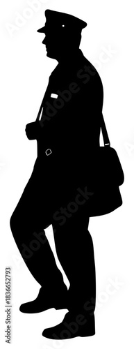 A silhouette of a police officer walking with a bag, black, briefcase, cane, detective, guard, gun, hat, man, profile, sun hat, walk, against transparent background