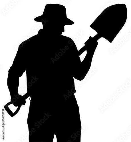 A silhouette of a gardener holding a shovel, black, catch, cowboy hat, gardener, hat, hoe, man, pitchfork, profile, rake, shovel, sun hat, tool, against transparent background