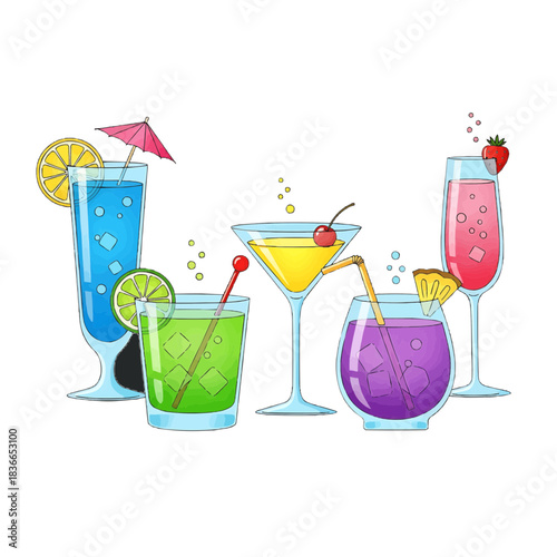 Collection of colorful tropical cocktail drinks with garnish