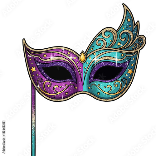 A colorful carnival mask with a unique design, ready for a masquerade event. The mask is adorned with intricate patterns and vibrant colors, offering an air of mystery and excitement.