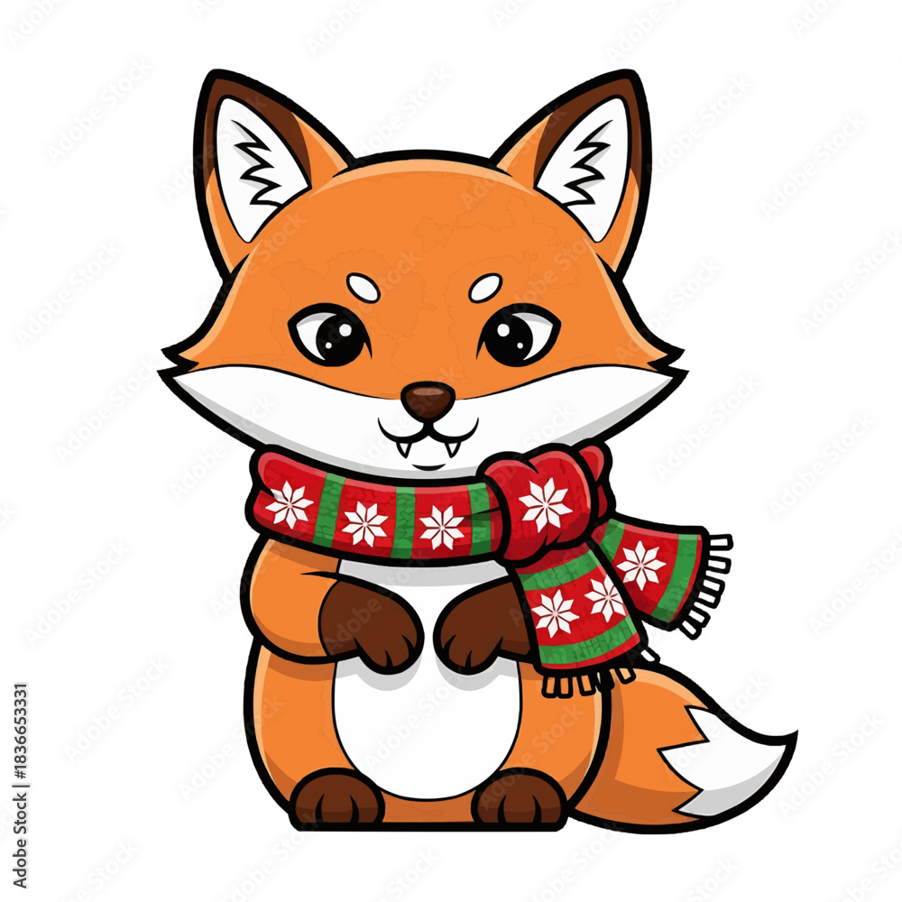 Fototapeta premium Cute cartoon fox wearing a festive red and green winter scarf
