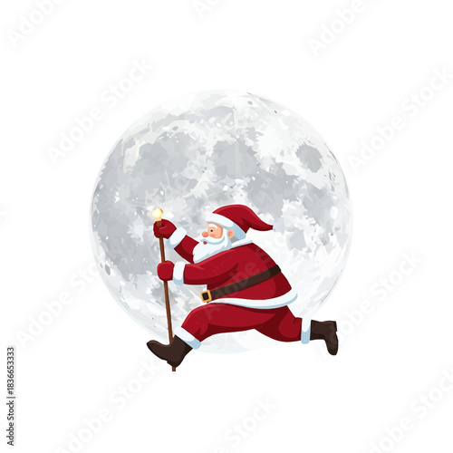 Santa Claus, running happily under a moonlit sky during Christmas season