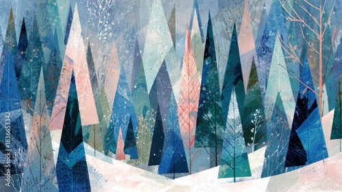 Abstract Design of Christmas Trees in Various Shapes and Sizes Fills a Winter Forest Landscape During Snowy Season