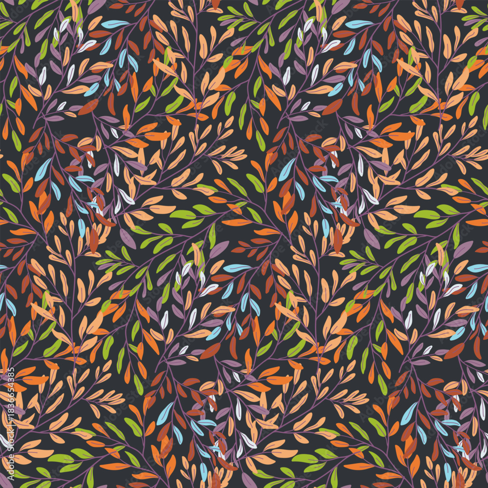 Fototapeta premium Colorful leafy seamless pattern on dark background. Beautiful print with hand drawn plant, branches and leaves. Botanical vector designs for bedding, tablecloths, clothing, swimwear, bag, packaging