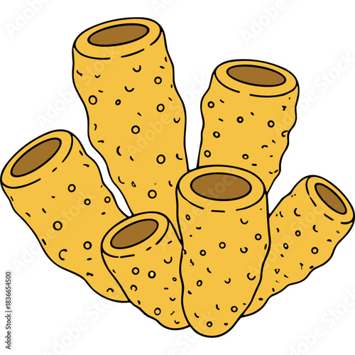 Cluster Of Yellow Tube Sponges With Brown Openings And Small Pores Against A Black Background Underwater Life Marine Biology Scientific Illustration