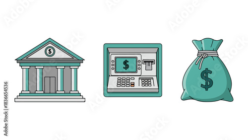 Financial concepts illustration with wallet bank and money bag icons
