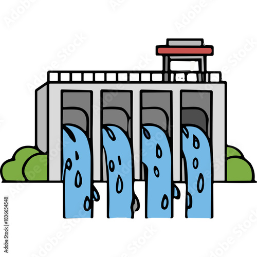 Concrete Hydroelectric Dam with Flowing Water and Greenery Overhead Structure Generating Electricity Clean Energy Source Infrastructure Power Generation