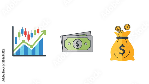 Financial concepts illustration with wallet bank and money bag icons