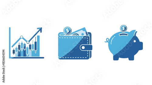 Financial concepts illustration with wallet bank and money bag icons