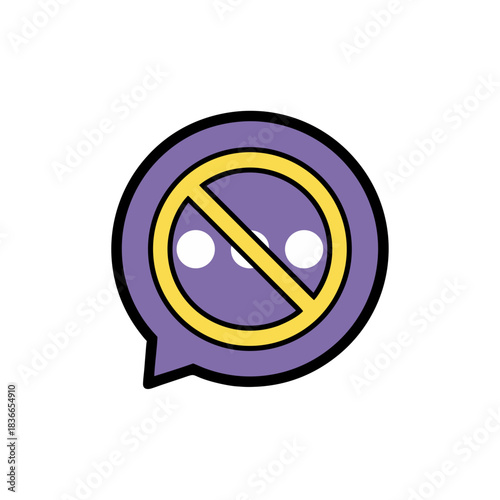 Purple speech bubble with yellow prohibition sign over three white dots flat vector art digital graphic symbol informational icon communication concept