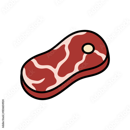 Raw Beef Steak Cut With Marbling Fat Isolated on Black Background Minimalist Flat Vector Art Sticker Style Food Ingredient Simple Design