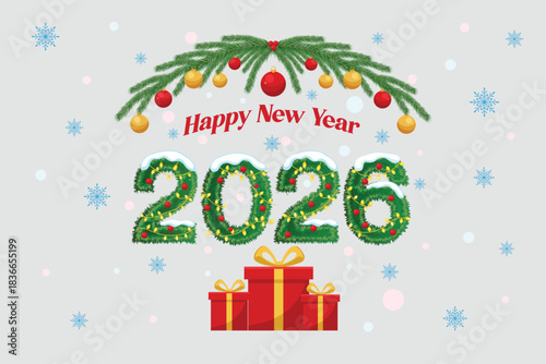 Happy New Year 2026 Festive Illustration with Christmas Garland and Ornaments
