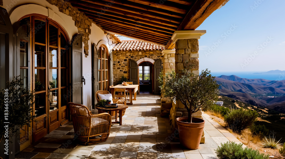 Naklejka premium A picturesque view of a stone house with a wooden roof overlooking a mountainous landscape