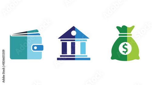 Financial concepts illustration with wallet bank and money bag icons