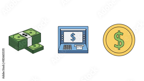 Financial concepts illustration with wallet bank and money bag icons