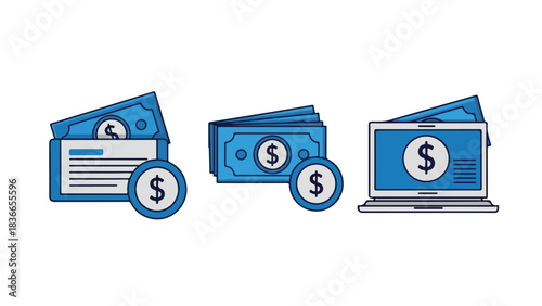 Bank building ATM machine and money bag representing financial services