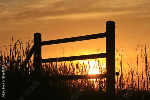 Sunset clouds fence silhouette farm 