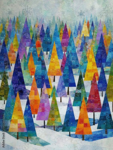 Colorful Abstract Christmas Trees Fill a Winter Forest Landscape With Various Shapes and Sizes Covering the Ground in Soft Snow