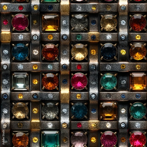Seamless tile pattern with squares with silver, gold and gemstones.