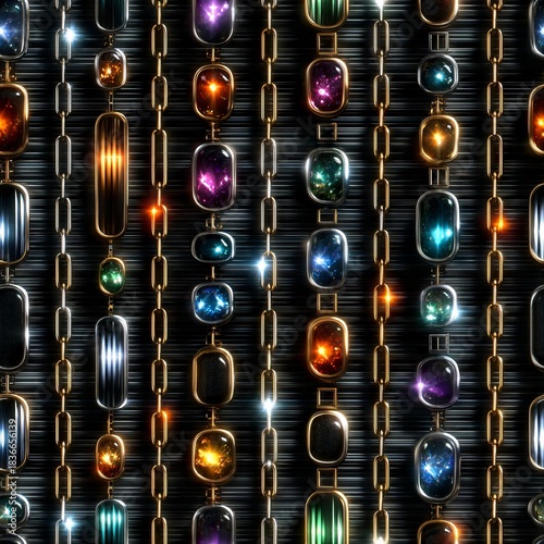 Seamless tile pattern with squares with silver, gold and gemstones.