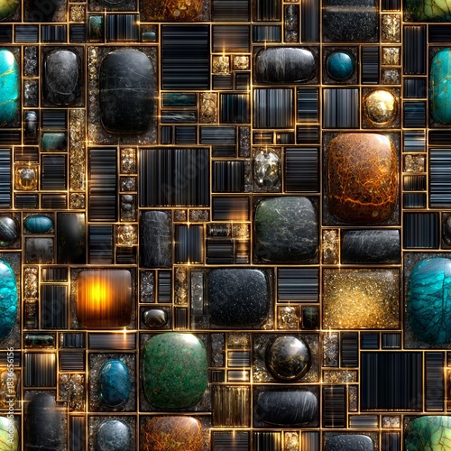 Seamless tile pattern with squares with silver, gold and gemstones.