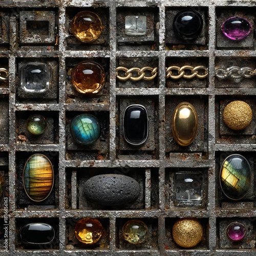 Seamless tile pattern with squares with silver, gold and gemstones.