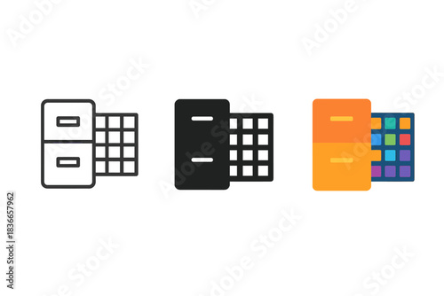 Abstract Filing Database. Abstract composition merging filing cabinet shape and spectral database grid, first in line style with