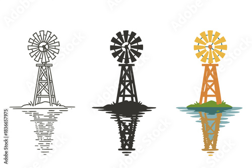 Wind Pump Reflections. Old wooden wind pump with turning blades reflecting on calm water, first in line style with thin outline,