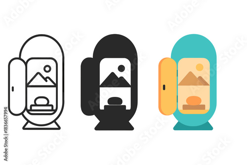 Tranquil Meditation Capsule. Zen-inspired meditation capsule with open door revealing tranquil minimal space, first in line style