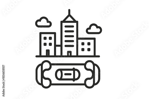 Pneumatic Cityscape Icon. Line style icon of a cityscape with visible pneumatic tube network, representing pneumatic citizen mail,