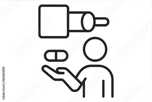 Pneumatic Capsule Delivery. Line style icon of a citizen receiving a capsule from a pneumatic tube slot, minimalist design,