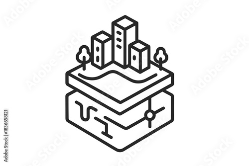 Subcutaneous City Map. Line style icon of layered city blocks showing underground infrastructure, representing subcutaneous city