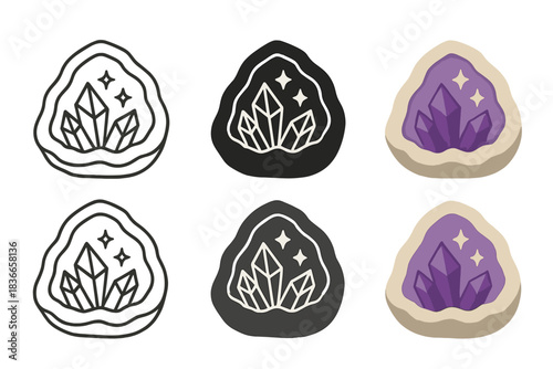 Geode Core Variations. Split geode revealing sparkling amethyst-like core, abstract minimalist vector, first in line style with