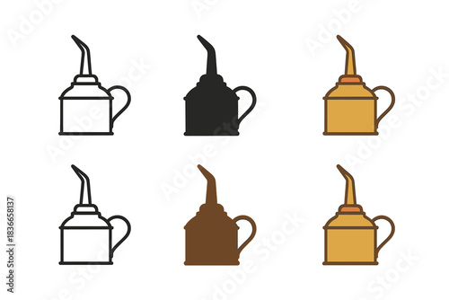 Vintage Oil Can Styles. Vintage oil can with pointed spout and handle, minimal icon style, first in line style with thin outline,