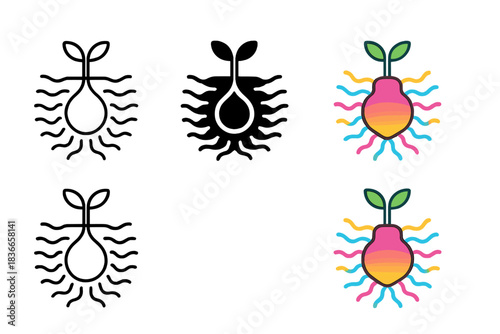 Radiant Energy Bulb. Underground bulb with radiant psychotropic energy and tiny sprouts, abstract minimal vector icon, first in